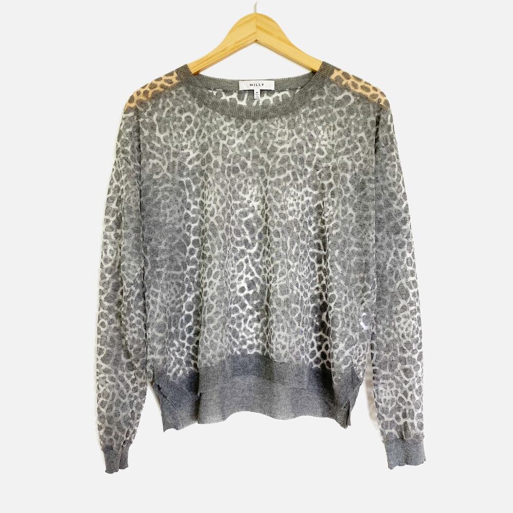 MILLY Sheer Metallic Leopard Print Sweater Top Medium
